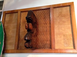 "James Baldwin - The Evidence of things not seen" 37 x 58 x 12 inches, Wood sculpture with lattice screen , 2002    